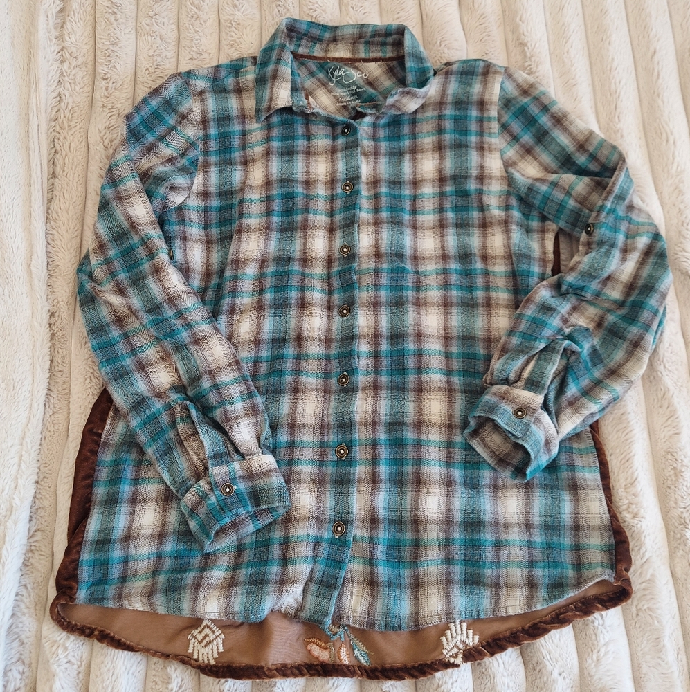 Kyla Seo Anthropologie Embroidered Button Blue Plaid Shirt Size M